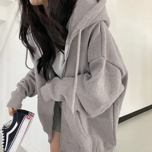 Women Hoodies Solid Color Zip Up Pocket Oversized Harajuku Korean Sweatshirts Female Long Sleeve Hooded Streetwear Casual Top 4