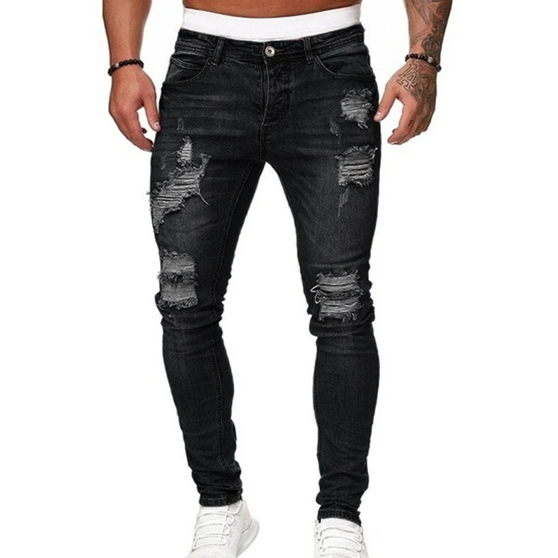 Spring Summer New Solid Color Fashion Jeans Man High Street Casual Slim Harajuku Pants Men Zipper Pockets Hole All-match Trouser