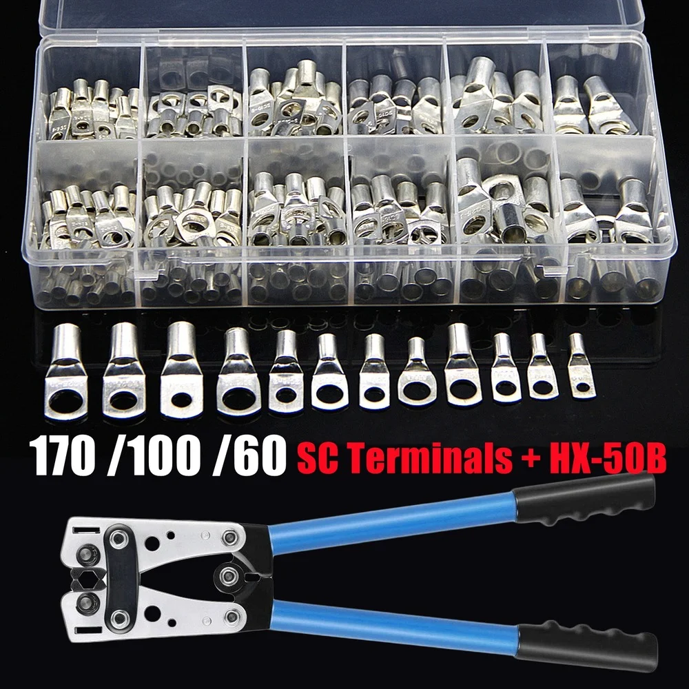 Terminal de Cobre Desencapado Lug Fio Elétrico Crimp Connector Kit Terminais de Bateria Anel Hx50b Alicate Sc66 Sc68 Sc25 170 Pcs 60 Pcs