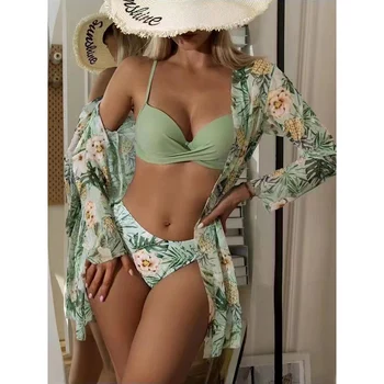 Floral Low Waist Bikini Set Cover Up Swimsuit For Women Push Up Long Sleeve Three Pieces Swimwear Beach Bathing Suits 1