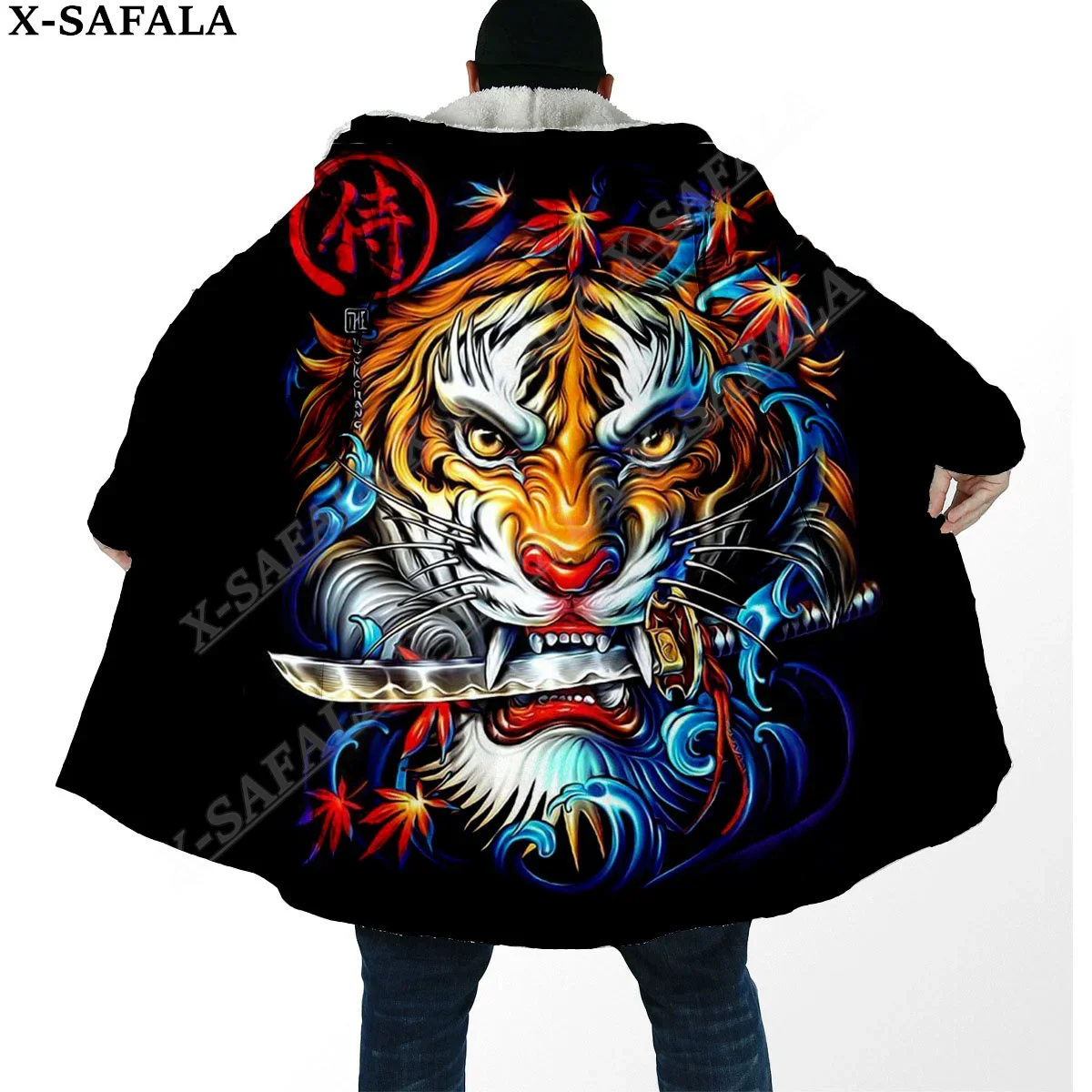 

The King Warrior Tiger Viking Tattoo Overcoat Coat 3D Print Thick Warm Hooded Cloak Men Windproof Fleece Unisex-3