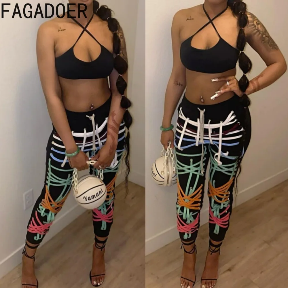 FAGADOER Rope Patchwork Fashion Streetwear Pants Loose Women Gothic Punk Style High Waist Wide Leg Trousers Sweatpants Women