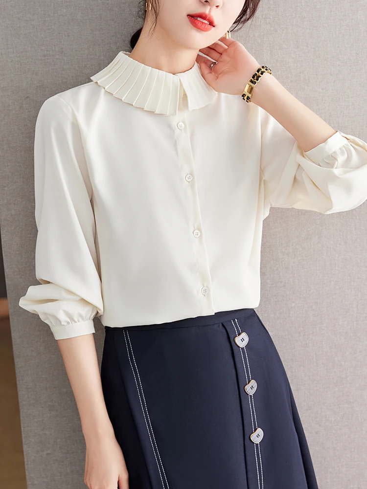 QOERLIN Spring Fall 2023 French Commuter Plain Top Pleated Frilled Collar Apricot Shirt Long Sleeve Elegant Office Ladies Blouse
