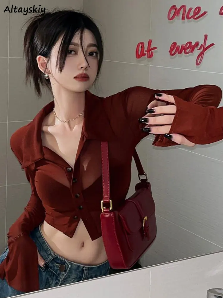 

Sheer Shirts Women Sexy Slim Spring Korean Style Vintage Fashion Ulzzang Personality Ladies Simple All-match Classic Streetwear
