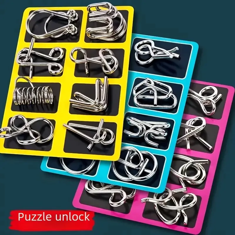 Jeu de Puzzle de fête à déverrouillage en métal, mise au point sur l'entraînement à la Concentration, exercices de défi pour taquiner le cerveau, compétence de réflexion, 8 pièces/ensemble 1