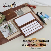 SeamiArt 1pc Black Walnut Wood Rectangle Painting Box with Palette Half Pans for Watercolor Subpackage Storage Art Supplies 1