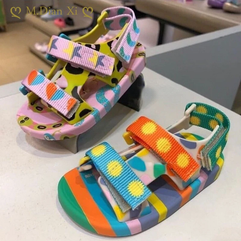 Mini Melissa 2022 Summer New Jelly Shoes Printing Pattern Bandage Flat Children's Sandals Fashion Baby Boys Girls Beach Shoes
