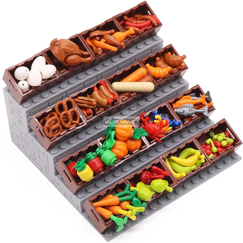 Marumine Mini Food Table Block Parts MOC Model Roasted Chicken Hot Dog Banana Cherry Fruit Vegetables Classic Ingredients Toys 3