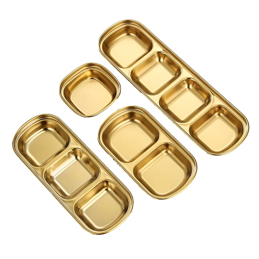 

Sauce Side Dish Stainless Steel Gold Tray Soy Seasoning Condiment Grid Dip Dish Bowls Plate Korean BBQ Home Kitchen Hotel(6pcs S