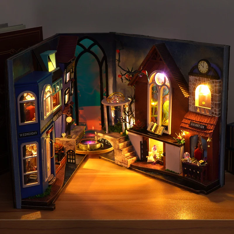 DIY Book Nook Wooden Miniature Model Kit Magic Bookstand Casa Bookend 3D Puzzle With Light Bookshelf Home Decor Friends Gifts 4