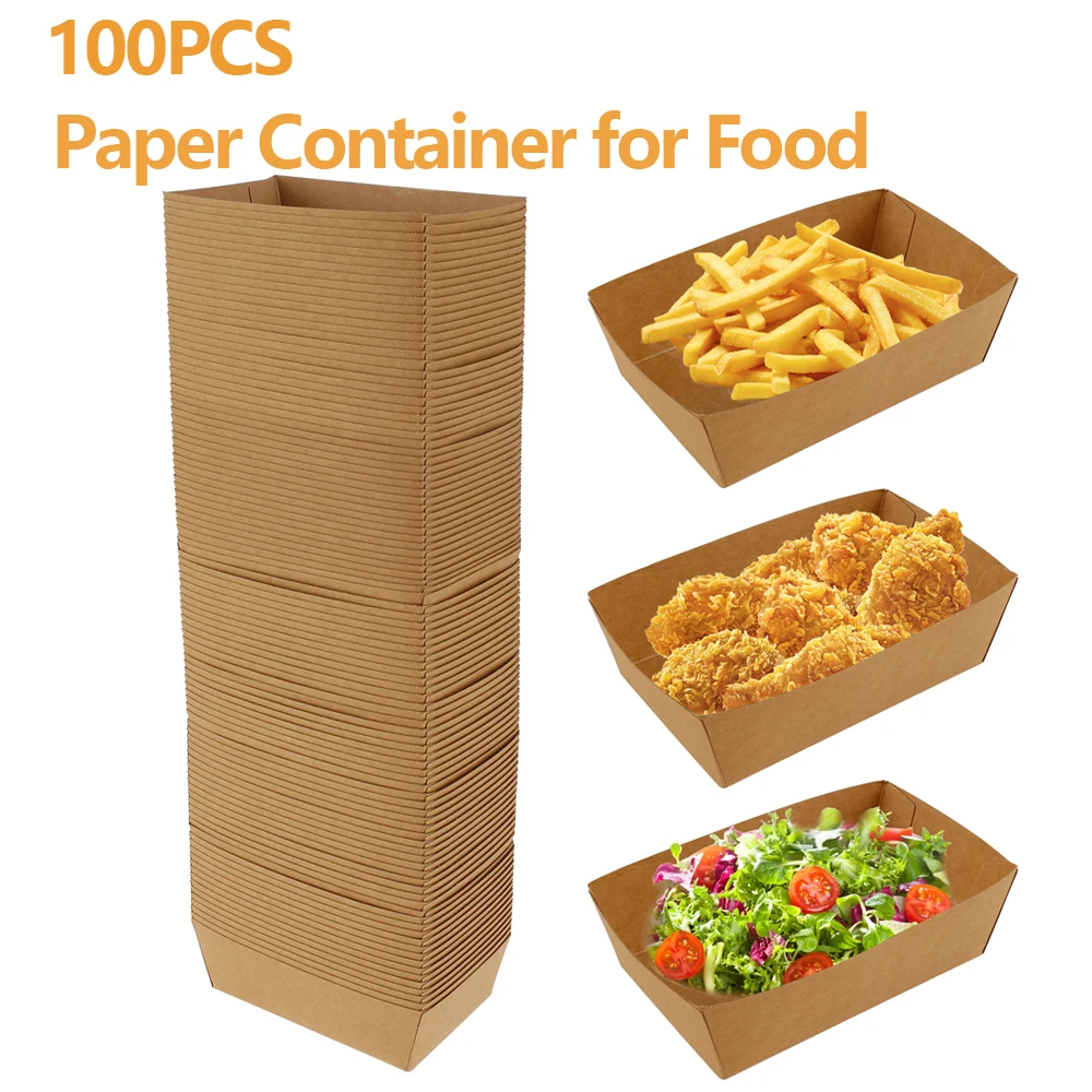 100Pcs Paper Food Boxes Disposable Kraft Brown Boat Shape Oil Proof Food Containers Take Out Snack Tray for Party Picnic Camping
