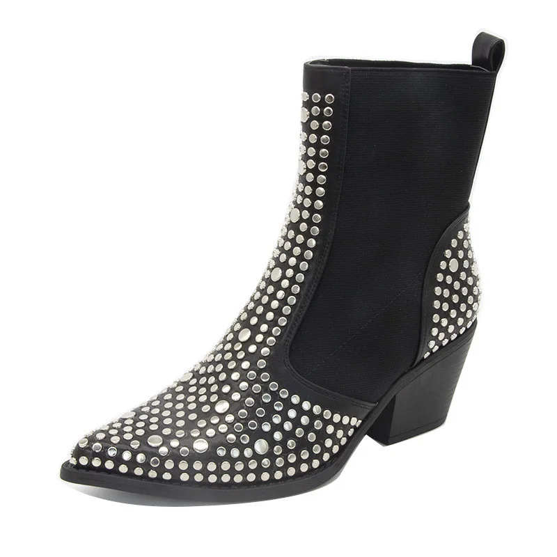 

Punk Style Rivet Women Chelsea Boots European And American Pointed Toe Short Boots Trend 2023 Autumn Winter Designer Shoes Lady