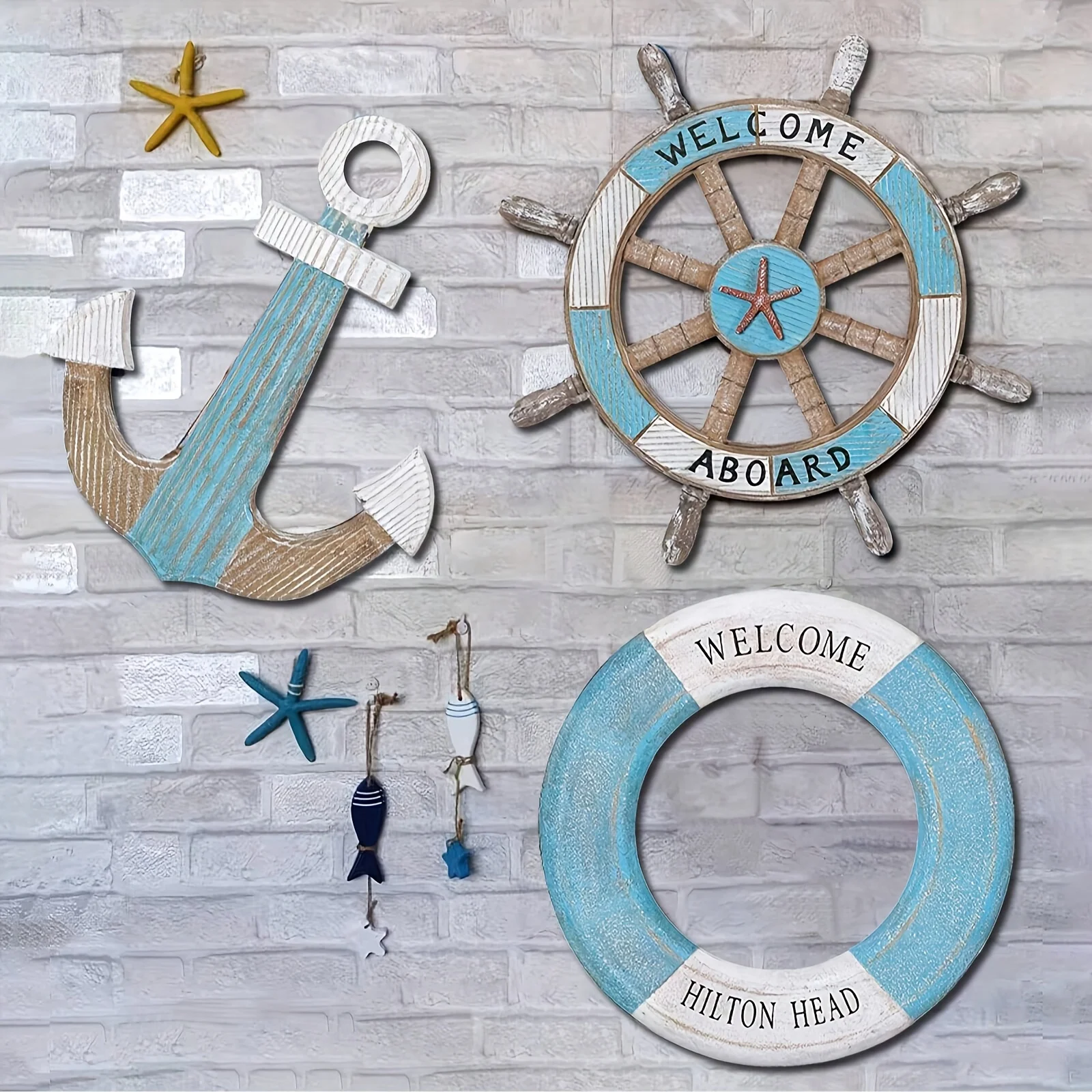 1 set di decorazioni per la casa a tema nautico, con ancora in legno, timoni e salvagenti, decorazioni da parete a tema oceano, decorazioni nautiche per interni, utilizzabili per decorare le pareti a feste all'aperto e riunioni in giardino.