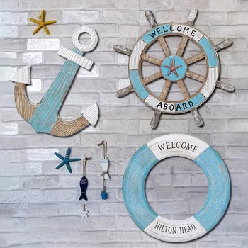 1 set di decorazioni per la casa a tema nautico, con ancora in legno, timoni e salvagenti, decorazioni da parete a tema oceano, decorazioni nautiche per interni, utilizzabili per decorare le pareti a feste all'aperto e riunioni in giardino.