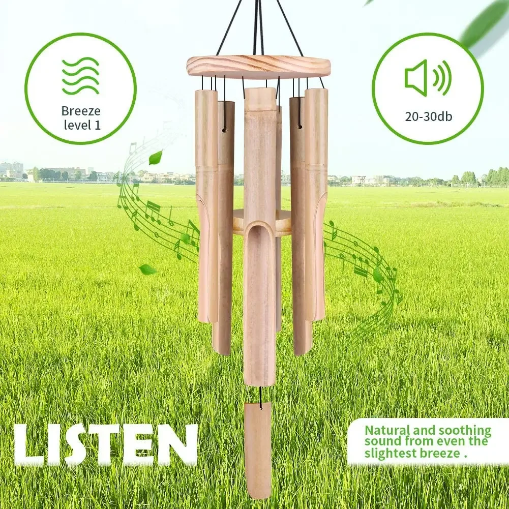 Bamboo Wind Chimes 6 Tubes Natural Relaxing Soothing Sound Outdoor Hand-Carved Garden Patio