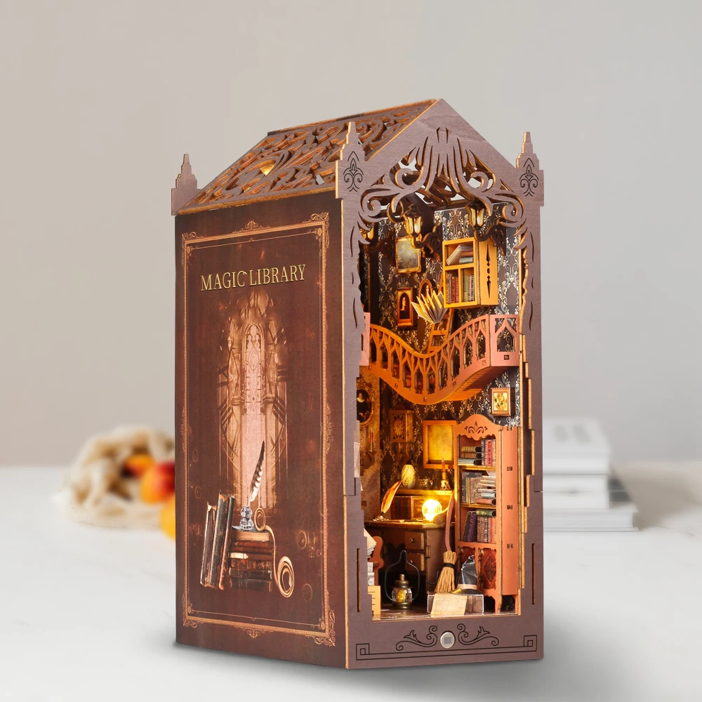 DIY Book Nook Wooden Miniature Model Kit Magic Library Casa Bookend Assembled 3D Puzzle Bookshelf Home Decor Friends Gifts 4