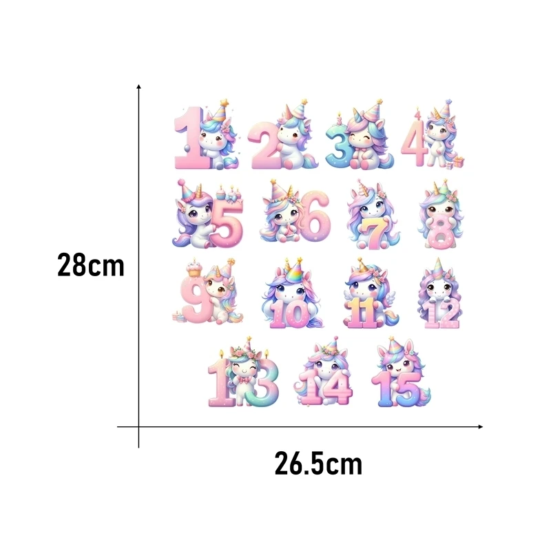 15cm/25cm 디지털 생일 파티 유니콘 열전사 스티커 DTF 다리미 패치 아동/성인 의류 데칼