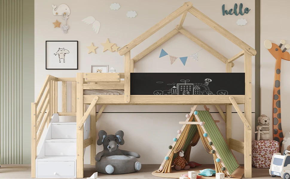 Etagenbett, Kinderbett mit Absturzsicherung und Geländer, einzigartiges Dachdesign, beschreibbare Tafel, mit 3 Schließfächern in der Treppe – Detail 7