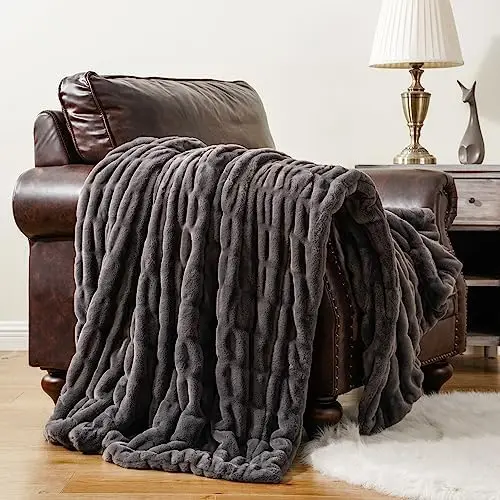 

Faux Fur Throw , Double Side Ruched Reversible Rabbit Fur for Bed, Couch, Cozy Soft Mink , Fall Decor, 50x60 Inches