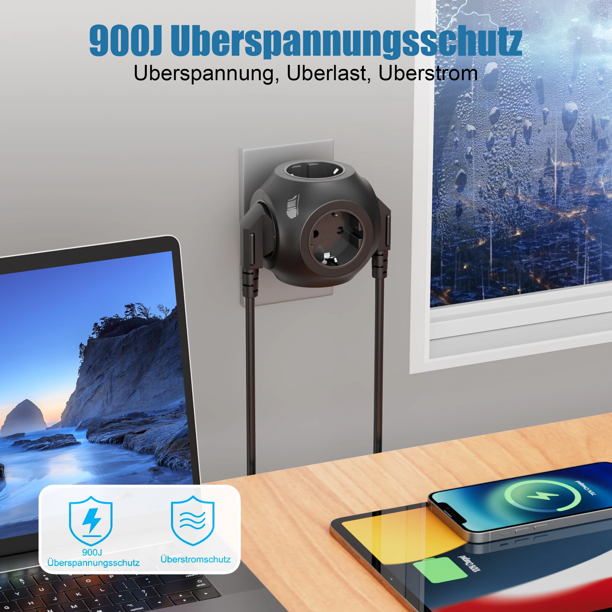 European Standard Multi-Outlet Power Strip with Surge Protection (5-in-1, 4000W)