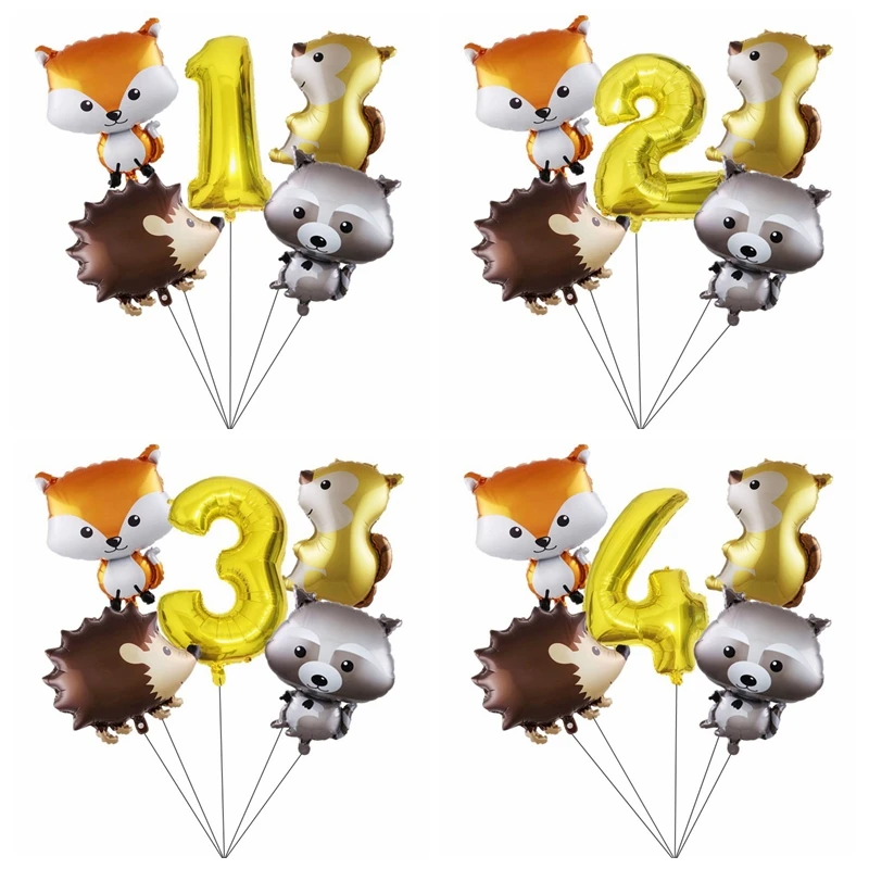 5 Stücke Waldtiere Geburtstag Dekoration Ballon Fuchs Igel Waschbär Eichhörnchen Helium Folienballons Wald Thema Partyzubehör