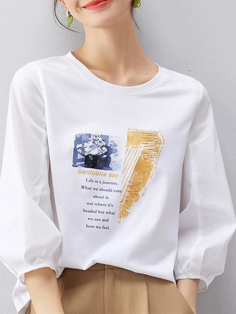 

BETHQUENOY Round Neck Casual White Tee Shirt Femme Poleras Mujer Camisetas 3/4 Sleeve Print T Shirt Women Summer Clothes 2023