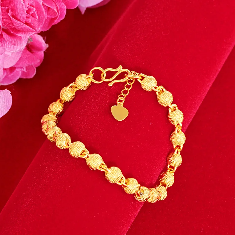 

24k Yellow gold plated Bracelet For Women Vietnam Sand Gold Frosted Transit Bead Hand Chain Wedding Engagement Fine Jewelry Gift