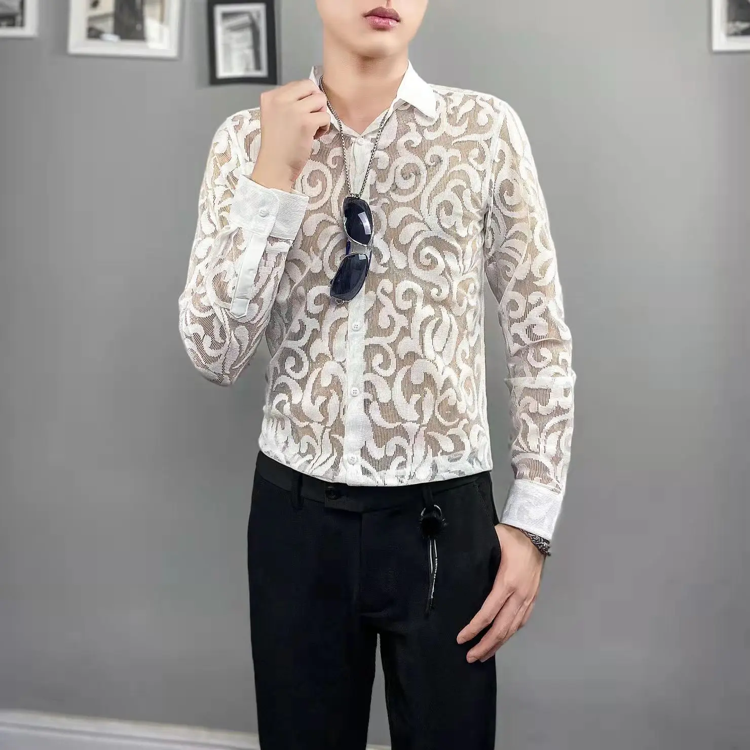 

Прозрачная Мужская рубашка, кружевная сетчатая одежда с длинным рукавом, черный и белый цвета, Стильная летняя одежда