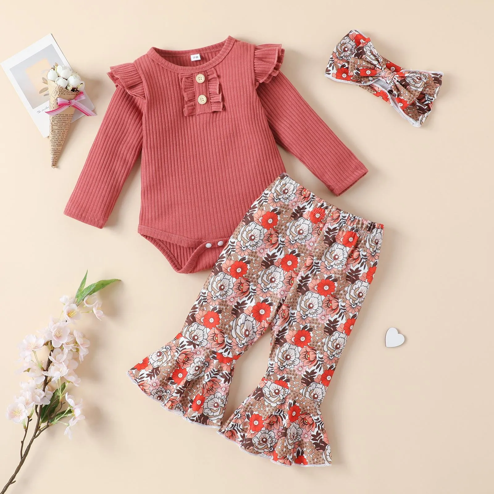 

Girls Outfits Size 7/8 Newborn Infant Girls Long Sleeve Ribbed Romper Bodysuits Flowers Prints Trumpet Baby Girl Twin Outfit