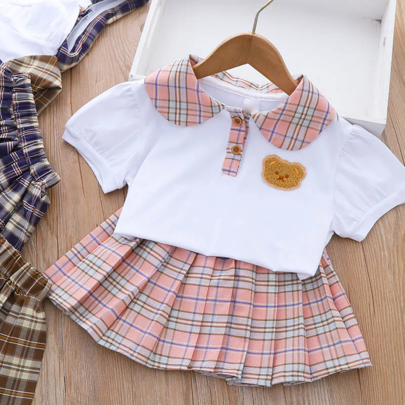 

Girls' Summer Short-sleeved Suit 2023 New Girls College Style T-shirt Pleated Skirt Two-piece Set Girls Clothes Set