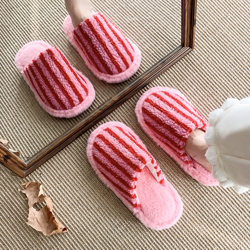 Korean Striped Cotton Slippers Women Comfortable Non Slip Warm Plush Slides Woman 2025 Slip On Soft Sole Home Shoes Female