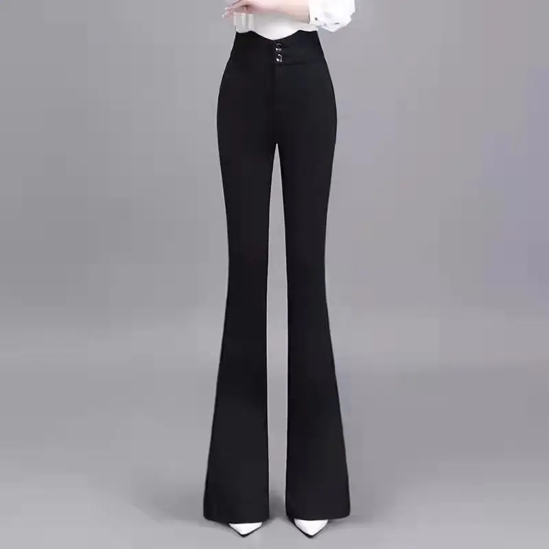 

Flare Pants Women High Waist Solid Office Lady Leisure Comfortable Korean Fashion Simple Vintage Slim Trousers Pockets Q508