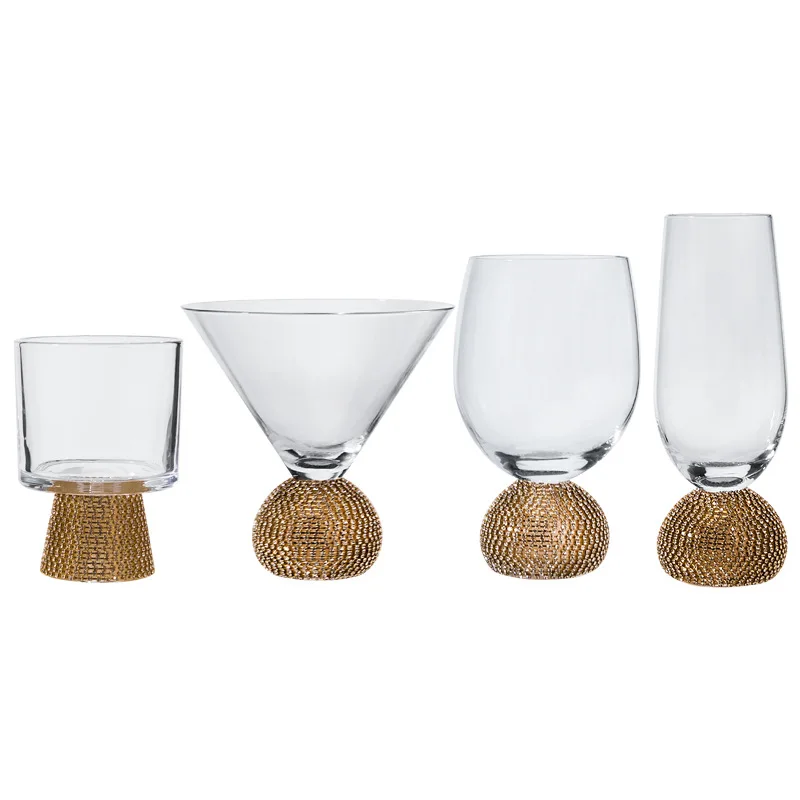 Crystal Wedding Gold Rim Ball Stem DIAMOND Studded Toast Wine Glass Champagne Flutes Martini Cocktail Water Drinking Glasses Set