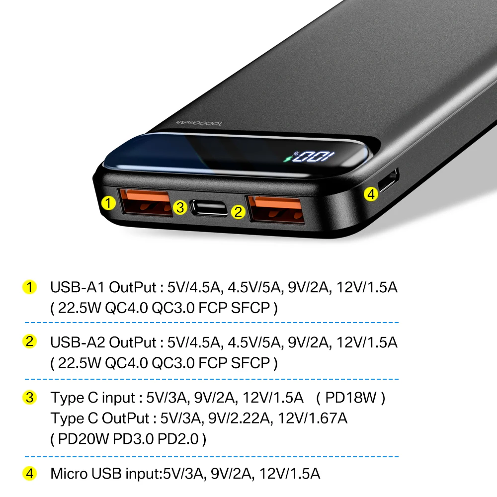 Power Bank 20000mAh 22.5W SCP Portable Charger Powerbank 10000 mAh External Battery PD 20W Fast Charging For iPhone 13 Xiaomi mi 3
