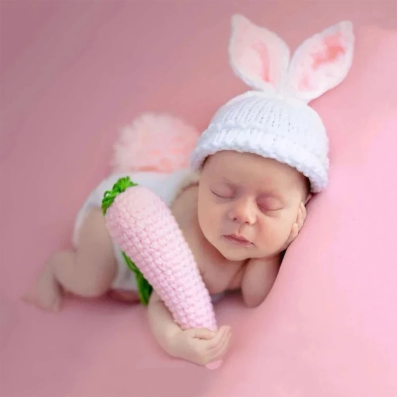 

L5YF Newborn Bunny Photography Clothing Photo Studios Props Handmade Crochet Hat Diaper Carrot Infant Costume Outfits Unisex