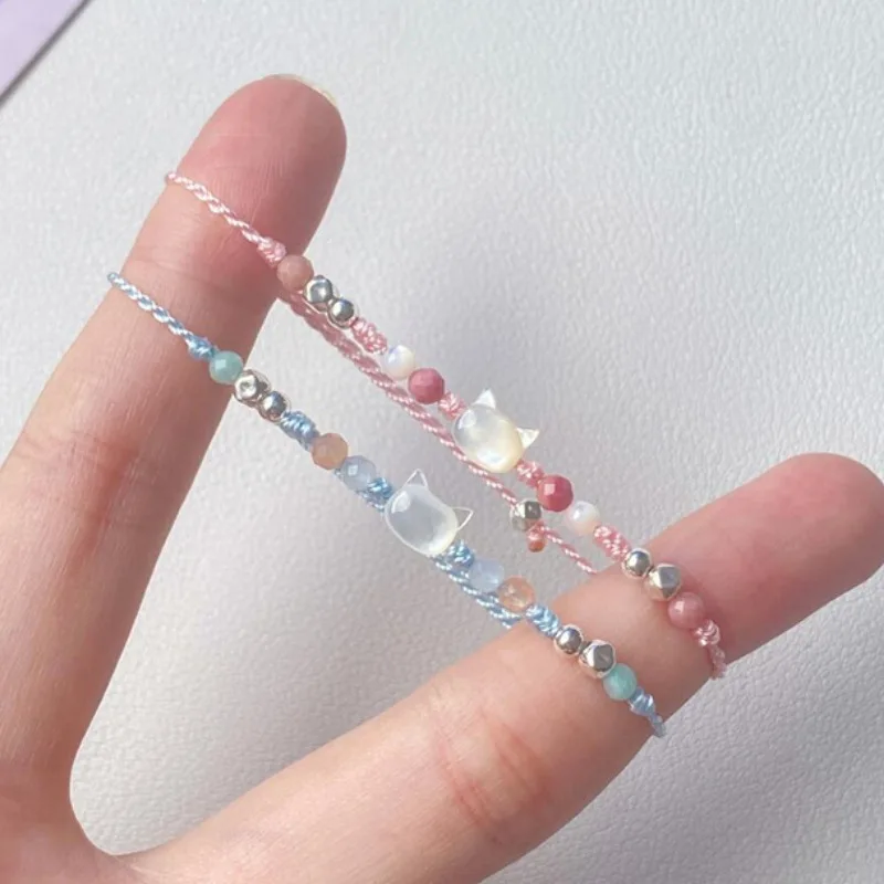 Handmade Couple Cute Cat Bracelet Unique Stylish Hand Rope for Women Men Beaded Woven Bracelet Wrist Jewelry Gifts 2/1pcs
