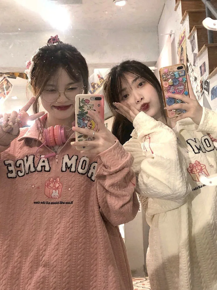 

Y2k винтажная Женская толстовка с капюшоном в стиле Харадзюку, с вышивкой кролика, на молнии, Искусственная Девушка, японская Милая кавайная мода, пуловер