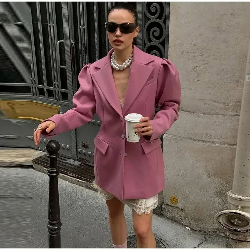 Blazer elegante para mujer, con mangas abullonadas, solapa entallada, botonadura sencilla, cintura ceñida, chaqueta femenina, primavera 2025, ropa de calle para dama