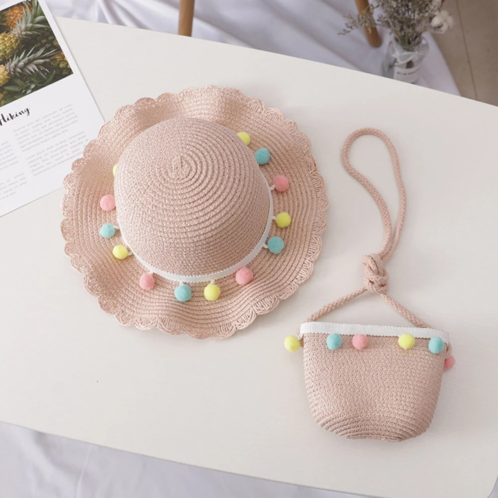 Kids Girls Large Wide Brim Straw Woven Sun Protection Beach Hat Colorful Pompom Ball Summer Floppy Bucket Cap Portable Handbag