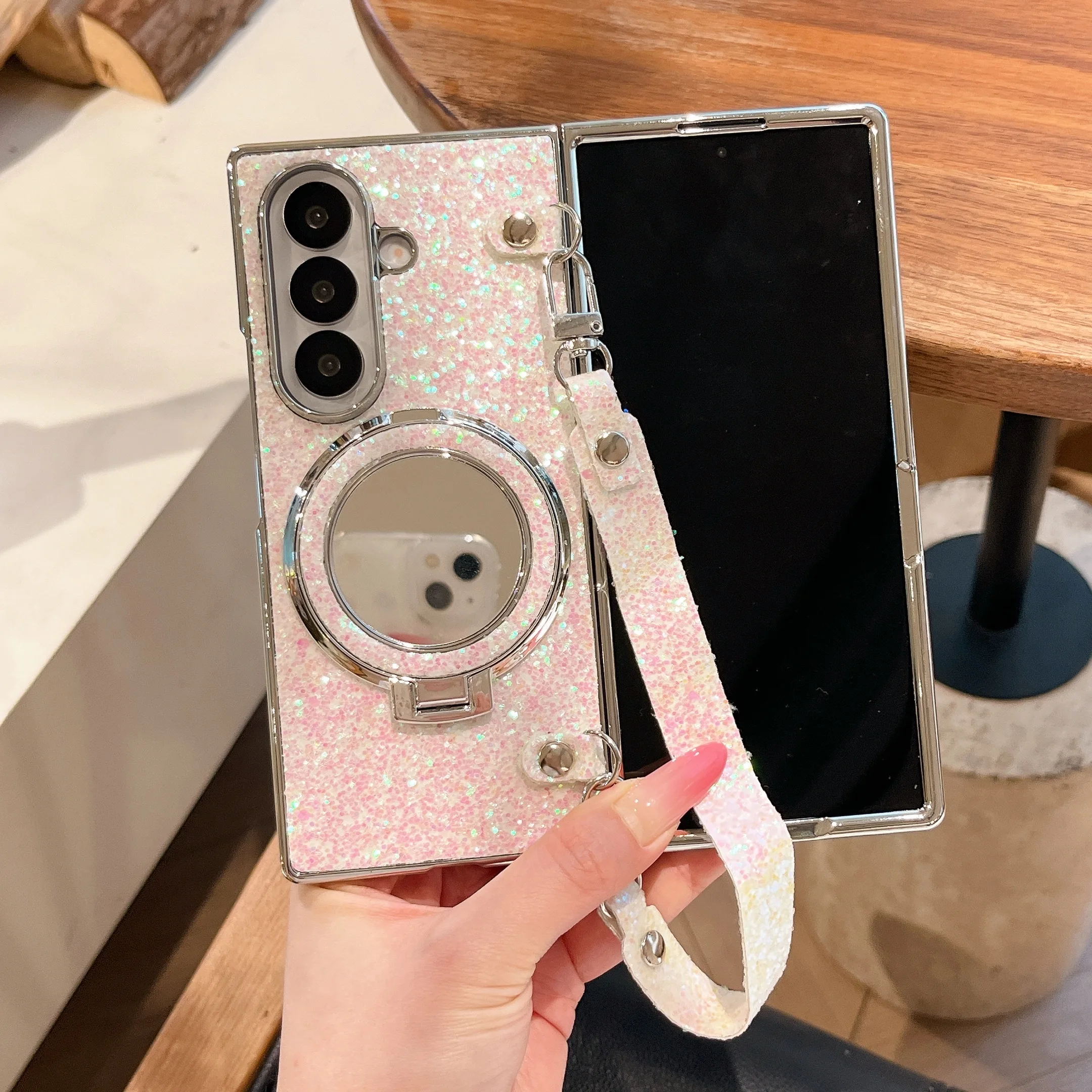High-End Silver Shiny Powdered Compact Mirror Stand Magnet Phone Case With Lanyard For Samsung Z Fold 7/6/5/4/3_voghion.com