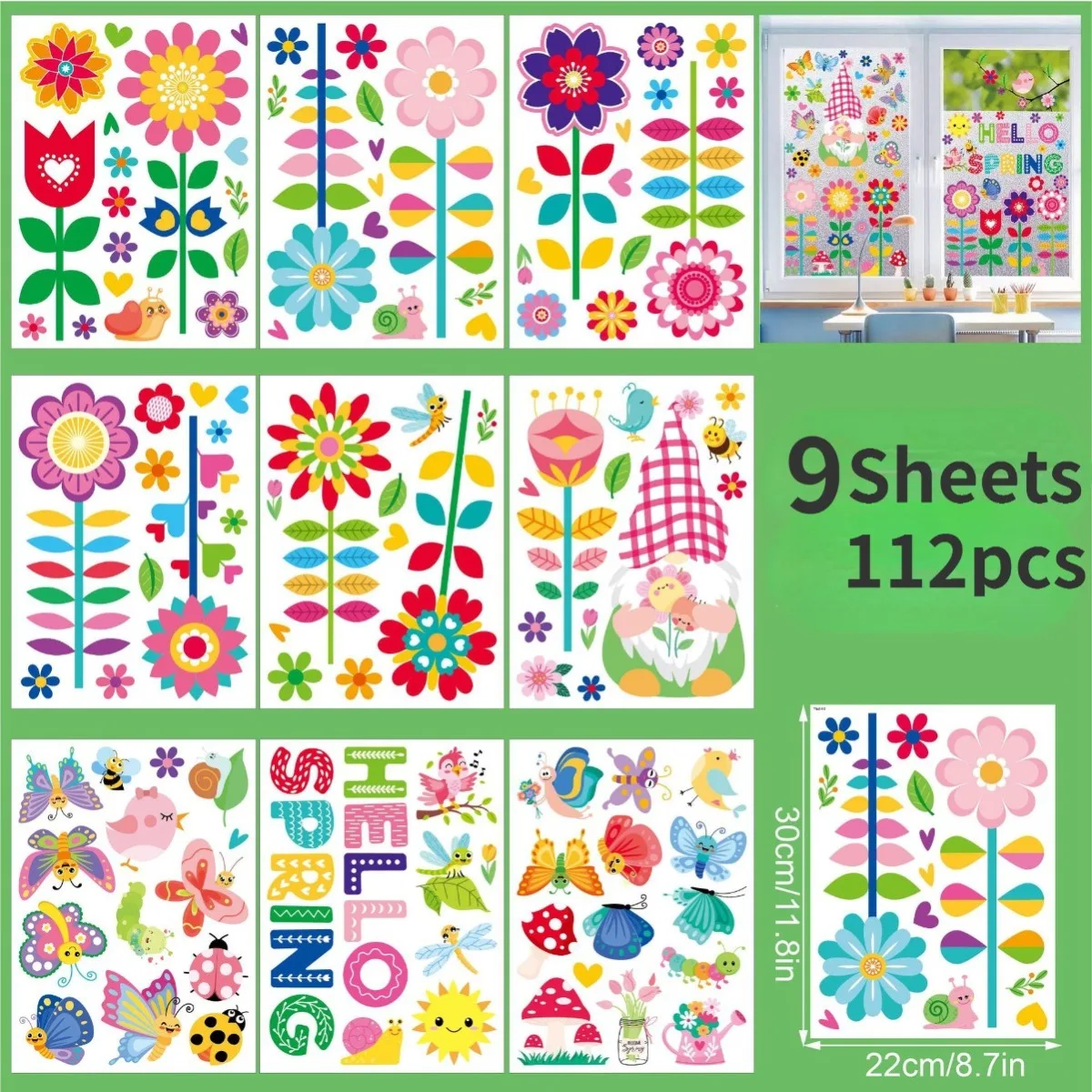 9Sheets Spring Glass Door Mirror Stickers Double Sided Flower Butterfly Electrostatic Window Sticker Happy Easter Decor Sticker