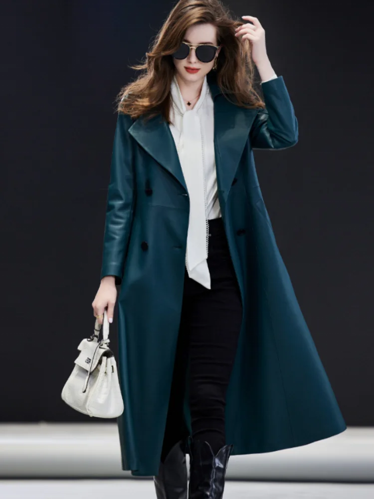 Italian Designer Women Fox Fur Collar Long Down Coat Double Breasted Belted Sheepskin Genuine Leather Jacket Winter OL Trench
