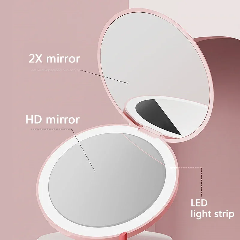 USB Handheld Makeup Magnifying Mirrors Mini LED Luminous Makeup Mirror Round Portable Foldable Small Compact Mirror with Light