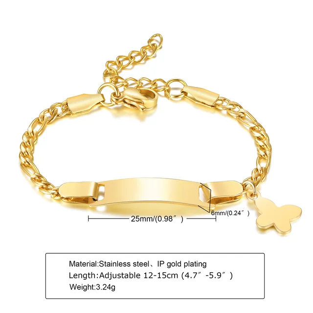 Custom Personalized Name Baby ID Bracelet, Stainless Steel Curb Chain Link Crown Bracelet Newborn Gilrs Boy Gifts Not Allergic 798G01 gold