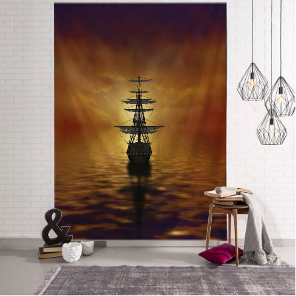 

Room Art Decoration Tapestry Retro Pirate Ship Art Home Wall Decoration Blanket Landscape Oil Painting Background Fabric