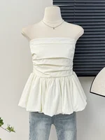 Kimotimo French One Shoulder Pleated Slim Tube Top Women Sexy Waist Ruffled Sleeveless Vests Summer Y2k Solid All Match Tanks - Image 2