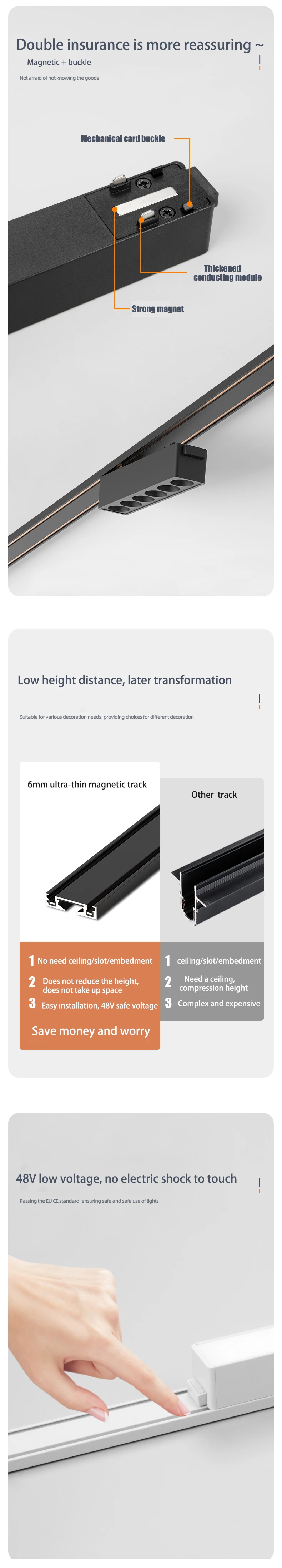 Description Picture 3 of itemUltra Slim Magnetic Track Light 6mm Surface Mounted Ceiling Rail Home Flood Grille Spot DC48V Modern LED Lamp Black White