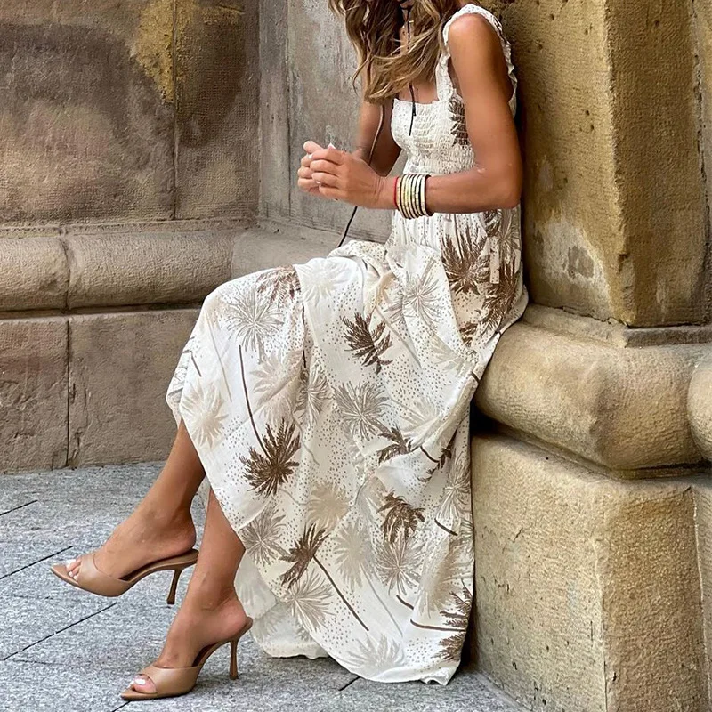 

New Spring Maple Leaf Print Long Party Dress Women Sexy Slash Neck Draped Maxi Dress Summer Off Shoulder Strap Office Lady Dress
