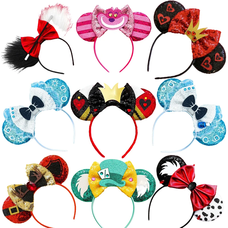 

Disney The Red Queen Ears Headband Girls Kids Sequins Bow Hairbands Women Cheshire Cat Hair Accessories Mad Hatter Headwear Gift