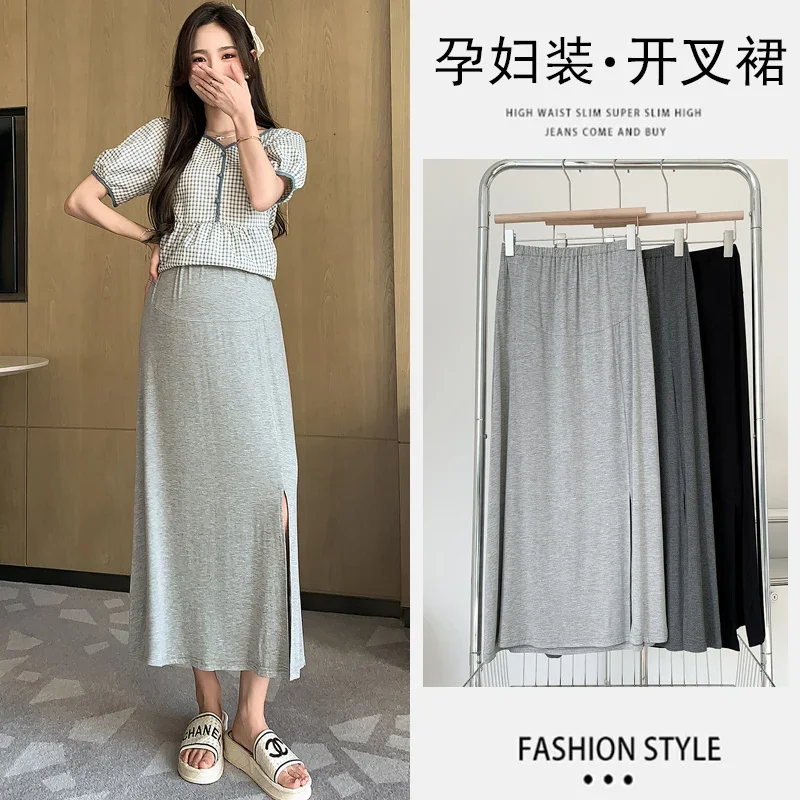 3XL 4XL Summer Thin Modal Maternity Long Skirts Side Splits Elastic Waist Belly Clothes for Pregnant Women Casual Pregnancy